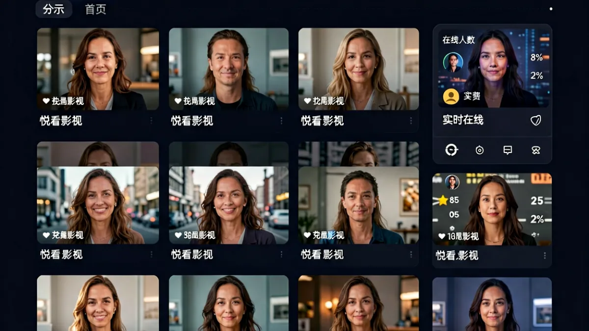 悦看影视网站界面截图，显示深色主题首页，顶部有分类导航栏，中央区域排列多张视频封面缩略图，右侧显示实时在线人数统计面板